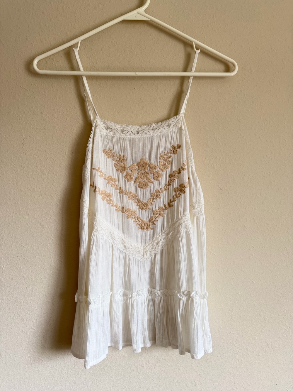 White Boho Embroidered Spaghetti Strap Tank